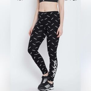 Adidas AOP Tight All Over Printer Logo Legging Pant Black White Midrise Medium